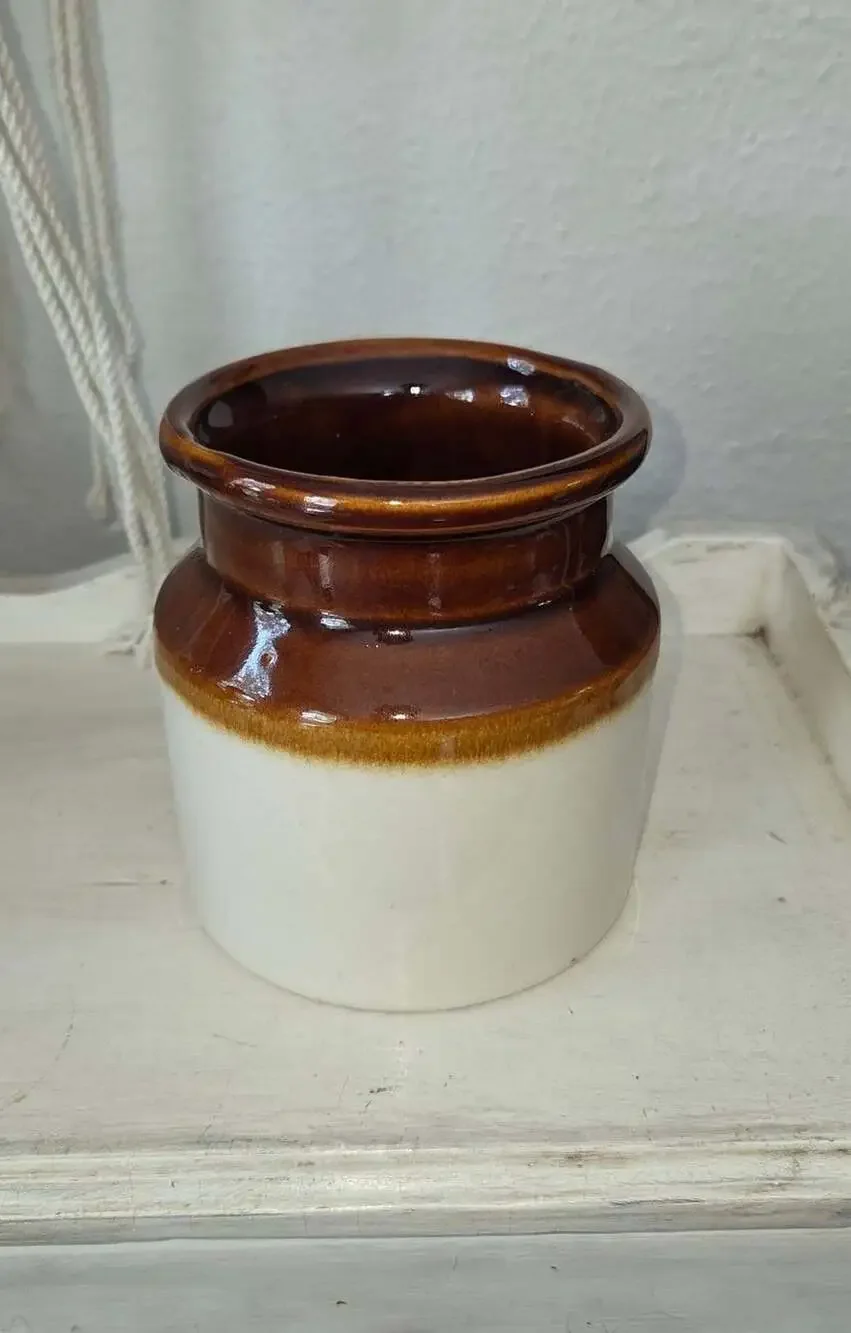 Vintage Burnham & Morrill Co B&M Brown and White Glazed Stoneware Bean Pot Crock